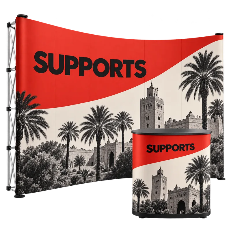 Stand parapluie & comptoir imprimé par SUPPORTS à Marrakech