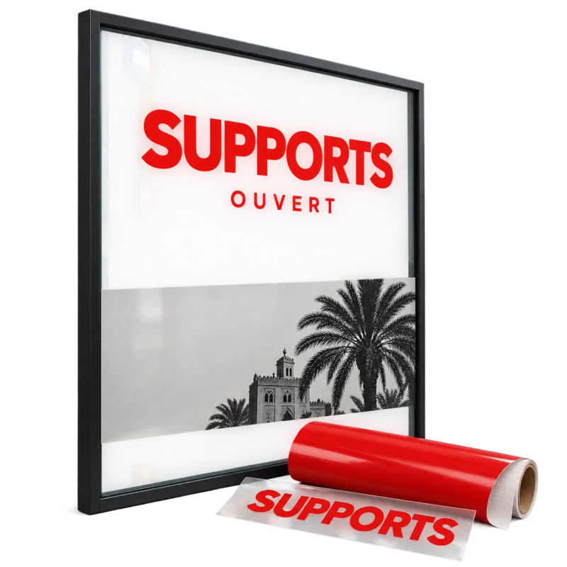 Stickers publicitaires pour vitrines et fenêtres imprimé par SUPPORTS à Marrakech