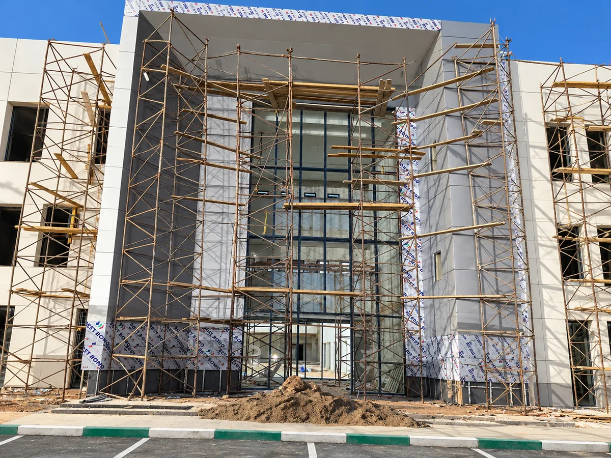 Façade avant habillage Alucobond — réalisation SUPPORTS Marrakech